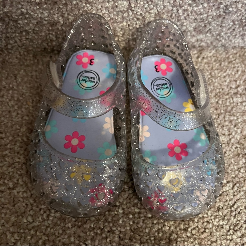 Wonder Nation Baby Girl Glitter Mary Jane Jelly Shoes flower patch, Size 3